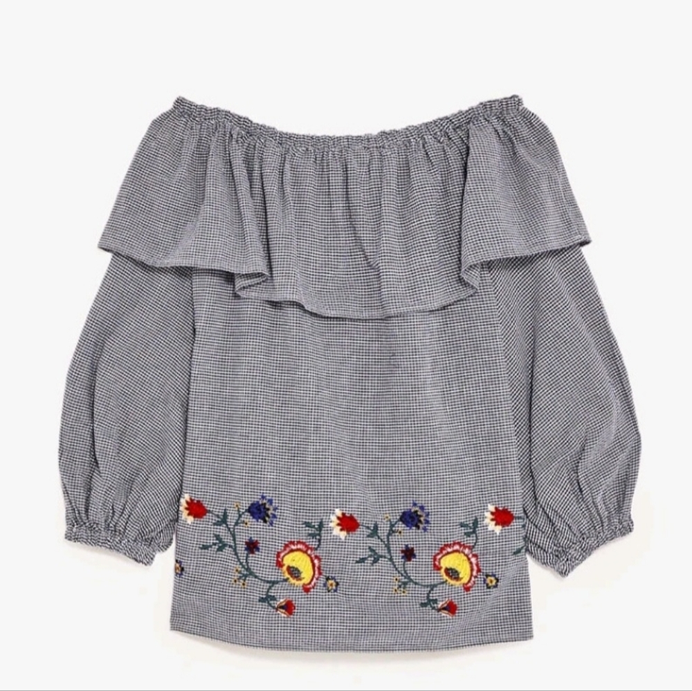 Zara Blue Checkered Blouse with Floral Embroidery